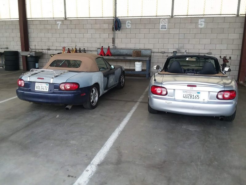 Didn’t take any photos this weekend because there wasnt any time for that while on the clock to get things done. But here were both Miatas in the shop another time. This time they were both on jack stands the majority of the time with so many tools strewn about everywhere.