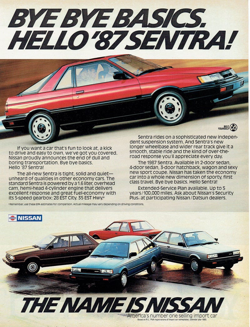 The 1987 Nissan Sentra sport coupe on top, with the (clockwise from the rear) Sentra 2-door sedan, 3-door hatchback, wagon, and 4-door sedan also available.