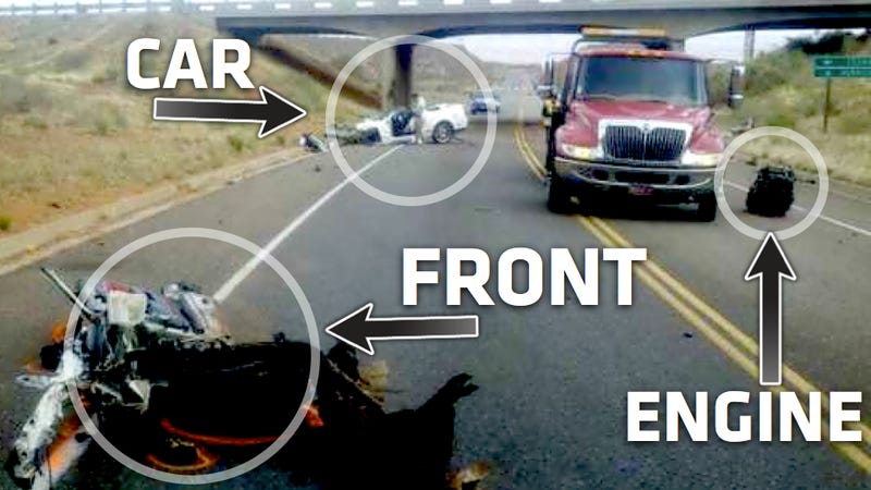 Illustration for article titled This Shelby GT500 Crashed So Hard Its Engine Detached And Hit Another Car