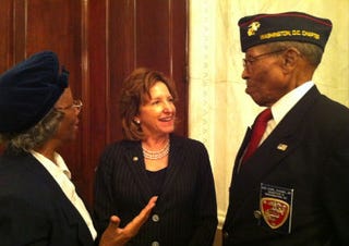 Sen. Kay Hagan, Montford Point Marine Sgt. Earl Evans and his wife, Madie.