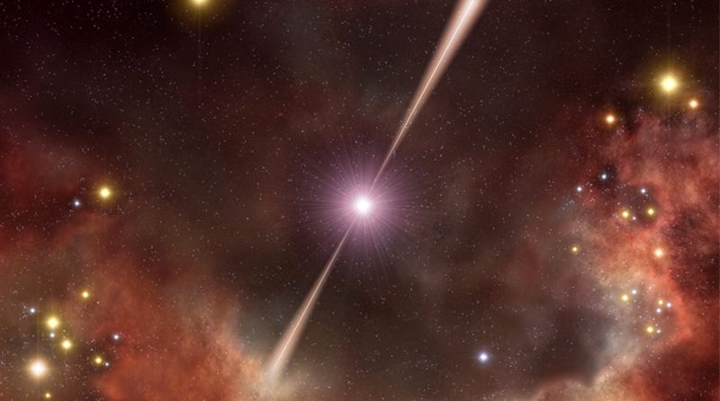 ImpresiĂłn artĂstica de un brote de rayos gamma. Imagen: ESO