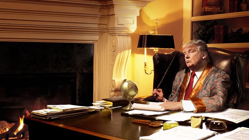 Illustration for article titled Trump Sits Down Beside Fire With Quill And Ink For Evening Writing Out Tweets