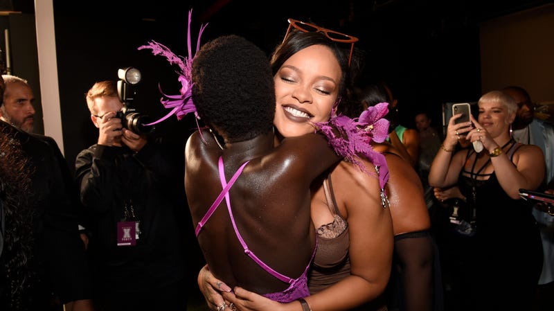 Rihanna hugs a model backstage after the Savage X Fenty Fall/Winter 2018 fashion show during NYFW at the Brooklyn Navy Yard on September 12, 2018 in Brooklyn, NY.