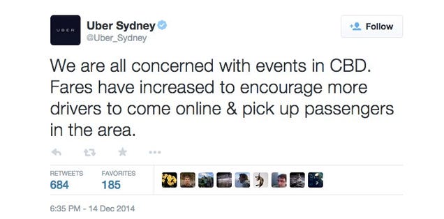 Uber Turned on Surge Pricing for People Fleeing Sydney Hostage Scene