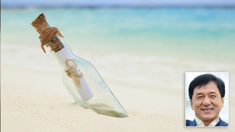 Illustration for article titled 7 Messages In Bottles From A Desperate, Shipwrecked Jackie Chan That I Have Found On The Beach
