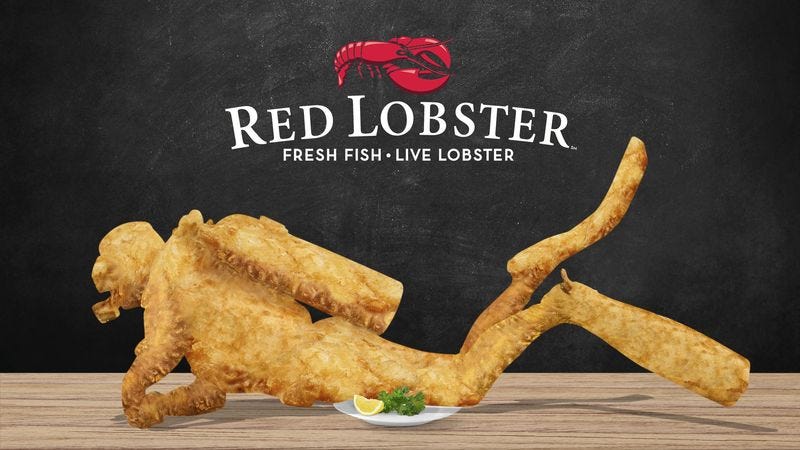 Illustration for article titled The Chance Of A Lifetime: Red Lobster Announced It Will Deep-Fry And Serve The Scuba Diver It Accidentally Caught To One Lucky Customer