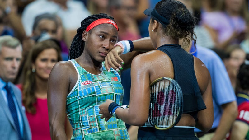 Coco Gauff of the United States is consoled by Naomi Osaka of Japan after their 3rd round Women’s Singles 2019 US Open match on Aug. 31.