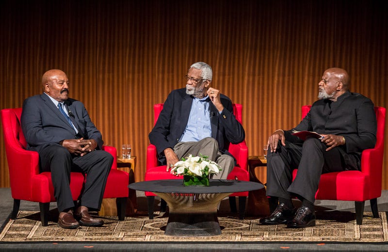 Jim Brown and Bill Russell take questions from Dr. Harry Edwards on the second day of the Civil Rights Summit at the LBJ Presidential Library on April 9, 2014, in Austin, Texas. Ricardo B. Brazziell-Pool/Getty Images