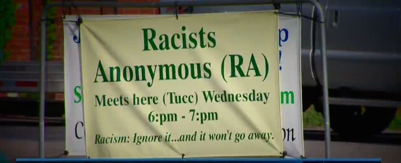Sign in front of Trinity United Church of Christ in Concord, N.C., publicizing its Racists Anonymous meetings, which the church says are meant to bring about honest discussion and change.WCNC screenshot