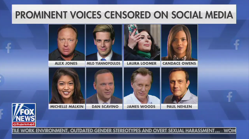 A Fox News Ingraham Angle list of “prominent voices censored on social media.”