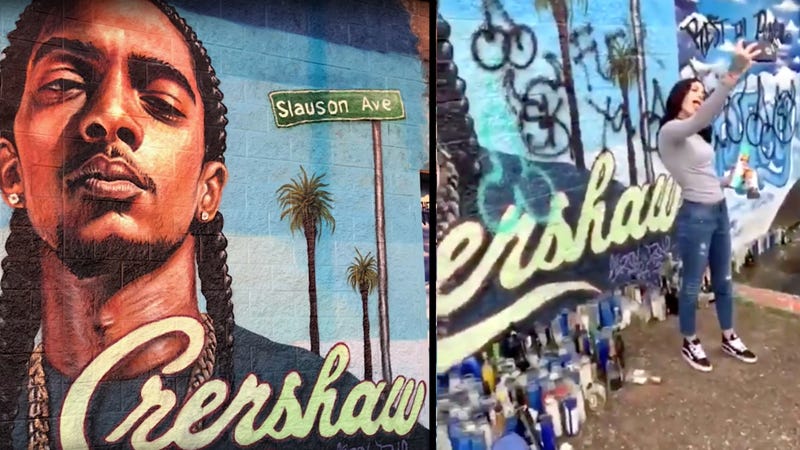 Illustration for article titled White Woman Defaces Nipsey Hussle Memorial