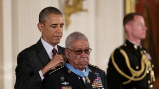 President Barack Obama presents the Medal of Honor to U.S. Army Staff Sgt. (Ret.) Melvin Morris, a Vietnam War veteran, during a ceremony in the White House.Joe Raedle/Getty Images