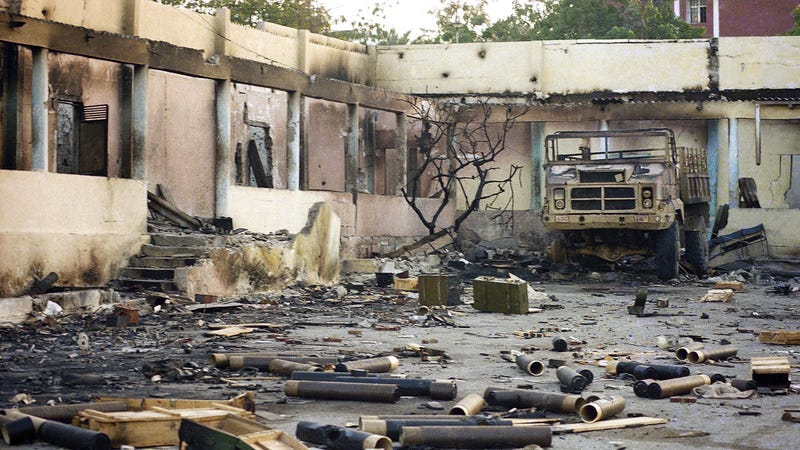 Destruction on the grounds of the army barracks at the presidential palace in Mogadishu, Somalia, in January 1991, shortly after dictator Siad Barre was ousted from power.