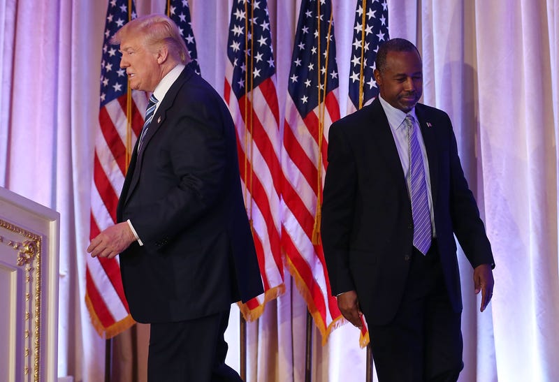 Then-Republican presidential candidate Donald Trump and former presidential candidate Ben Carson are seen as Trump receives Carson’s endorsement during a press conference March 11, 2016, in Palm Beach, Fla. Joe Raedle/Getty Images