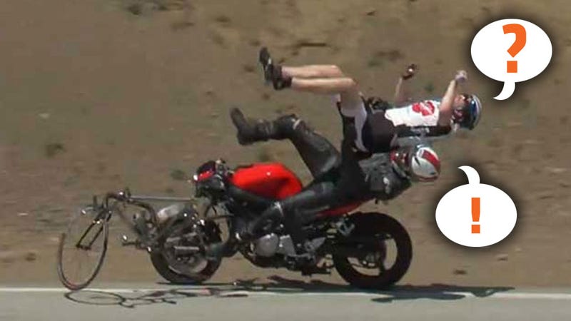 Illustration for article titled Bizzarre Motorcycle-Bicycle Wreck Makes People Look Like Toys