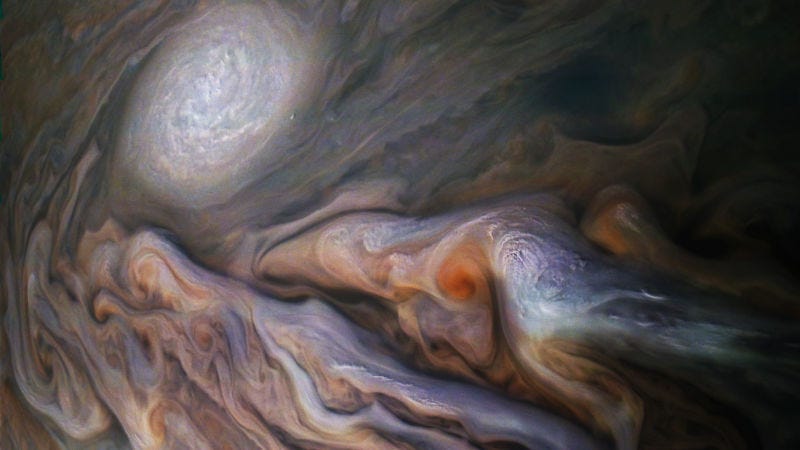 El cinturón templado del norte de Júpiter, fotografiado por la nave espacial Juno el 29 de octubre de 2018. Imagen: NASA/JPL-Caltech/SwRI/MSSS/Kevin M. Gill