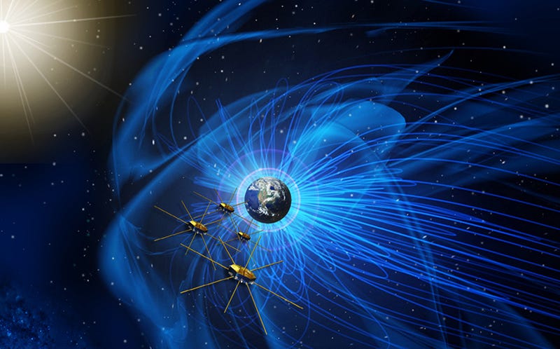 Artist’s rendition of Earth’s magnetosphere and NASA’s four MMS satellites. Image: University of Maryland