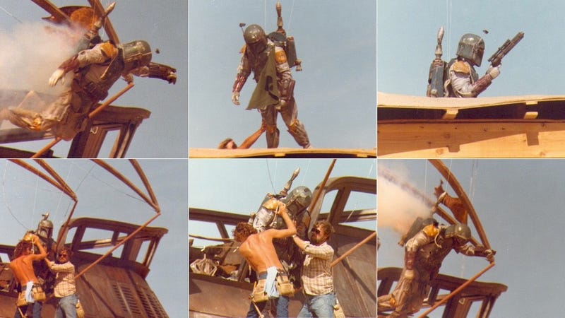 Illustration for article titled Secret behind-the-scenes Star Wars photos show the final flight of Boba Fett
