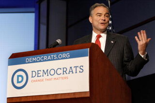 DNC Chair Tim Kaine with new party logo in September 2010.(Chip Somodevilla/Getty Images)