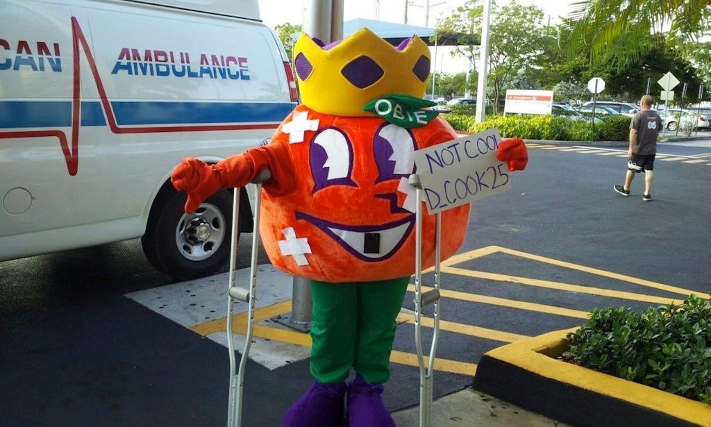 Obie The Orange Bowl Mascot Leaves The Hospital, Probably With A Really ...