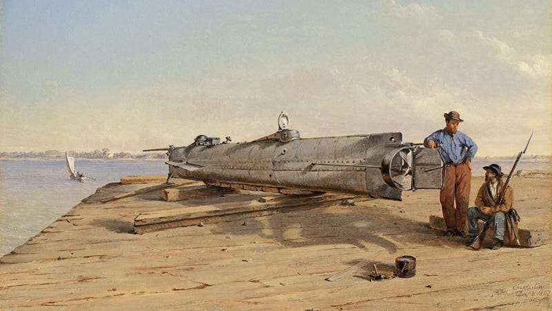An oil painting by Conrad Wise Chapman, “Submarine Torpedo Boat H.L. Hunley, Dec. 6, 1863.”