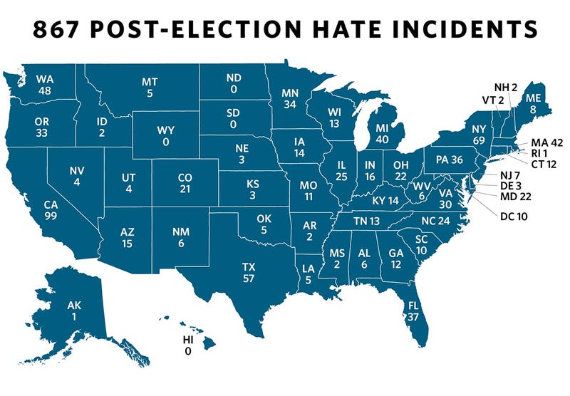 A map of hate incidents reported to the Southern Poverty Law CenterSouthern Poverty Law Center screenshot