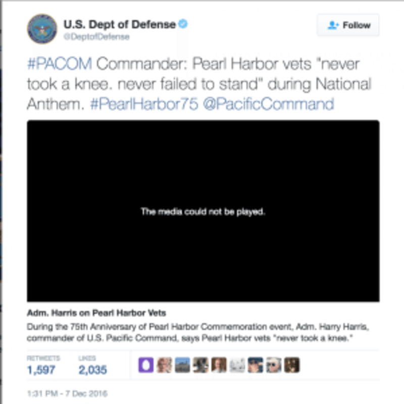 Illustration for article titled Navy Admiral Takes Dig at Kaepernick During Pearl Harbor Anniversary Speech