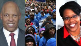 William Hite (Philadelphia Schools); protesters against school closings (Scott Olson/Getty Images); Kaya Henderson (Twitter)
