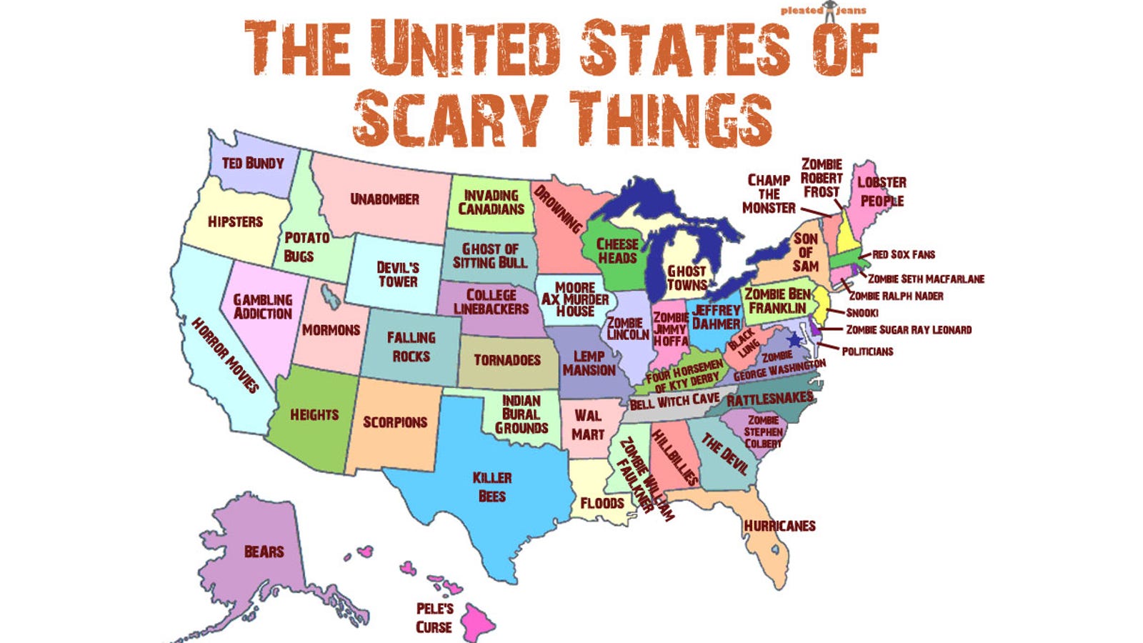 Handy map of the United States showing the scariest thing in every ...