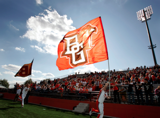 Bowling Green State University cheerleaders hype up a crowd during a football game. YouTube screenshot