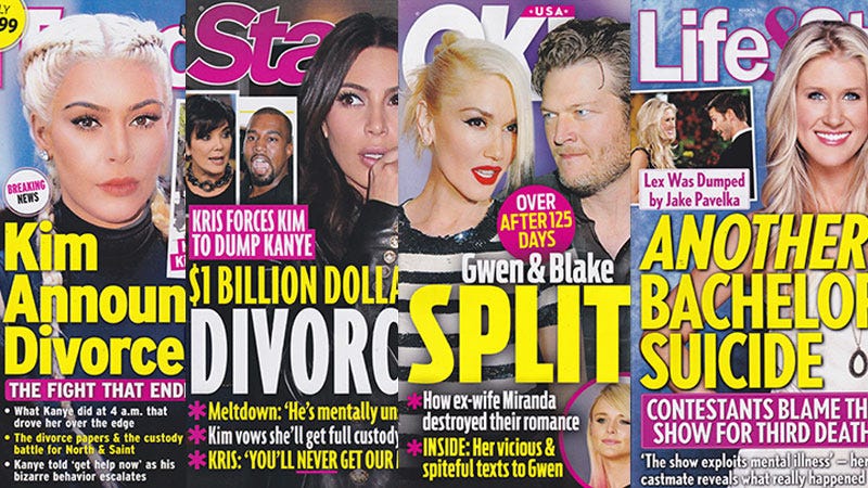 Illustration for article titled This Week In Tabloids: Kim Is Leaving Kanye, Gwen Is Leaving Blake, and I'm Leaving Earth