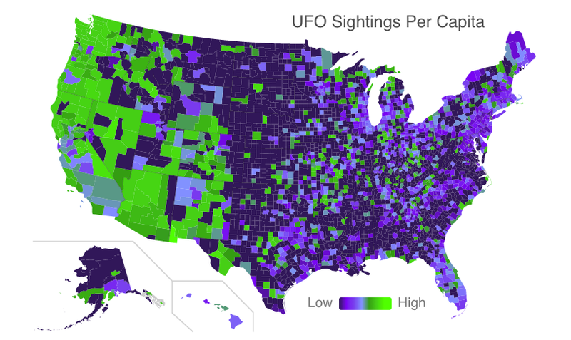 Illustration for article titled A Map Showing UFO Hot Spots Across The United States