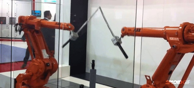 Watch two robots arms sword fighting using katanas—because 