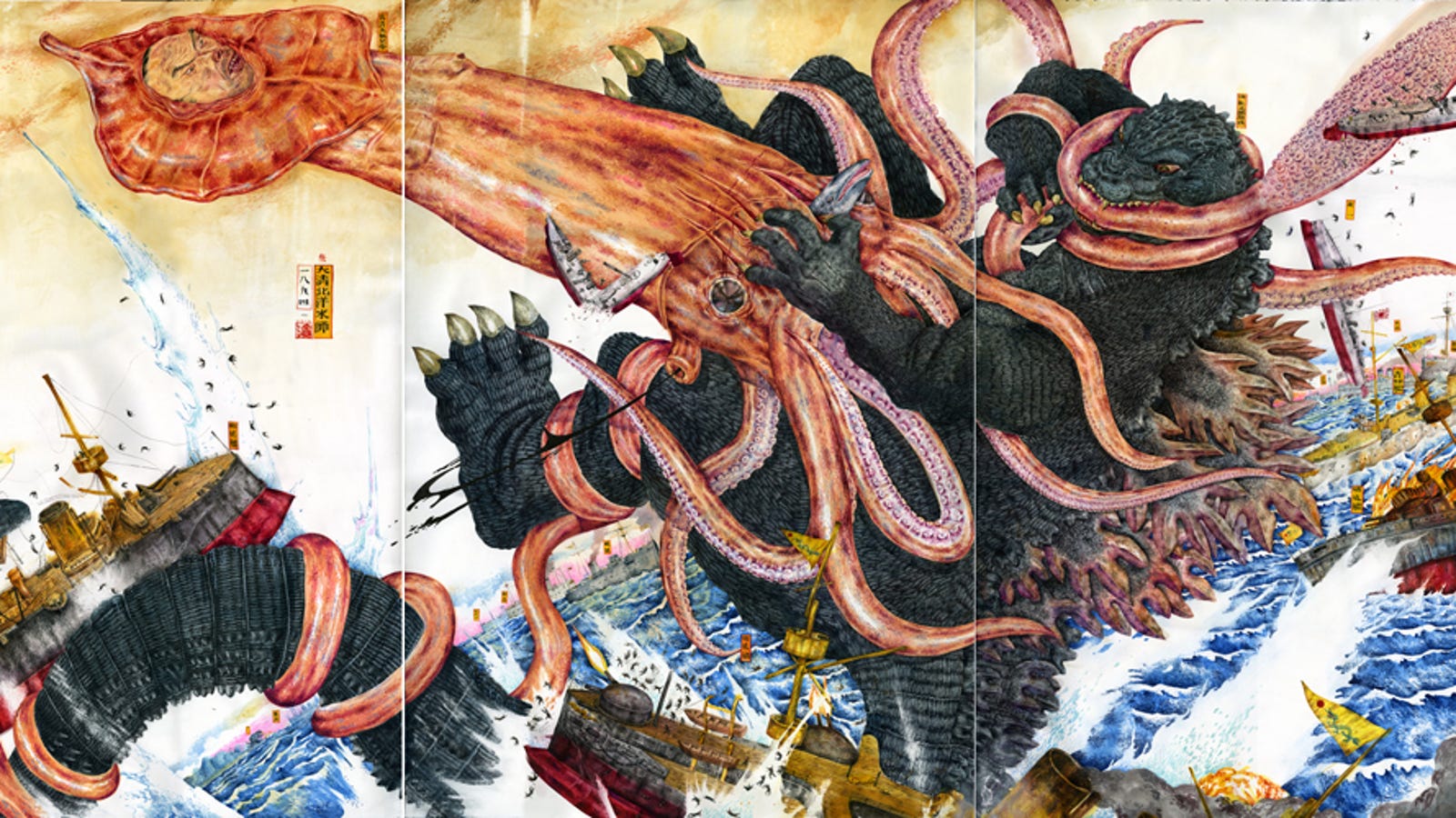 Insanely detailed paintings of kaiju fighting in historical battles