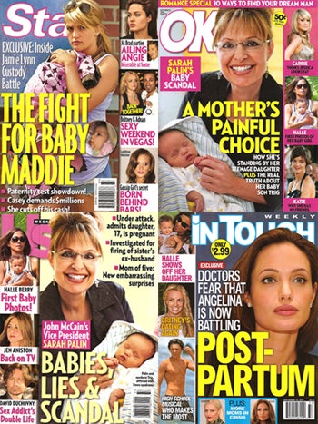 Illustration for article titled This Week In Tabloids: Sarah Palin Joins Angelina & Jamie-Lynn As Cover Moms With Probs