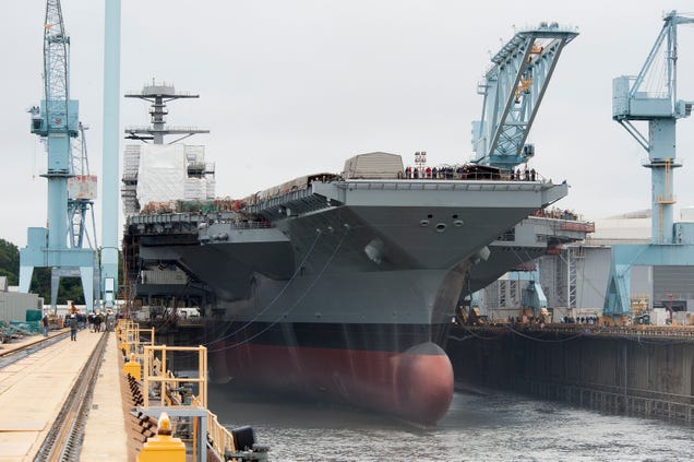 Impressive image shows America's newest aircraft carrier about to float