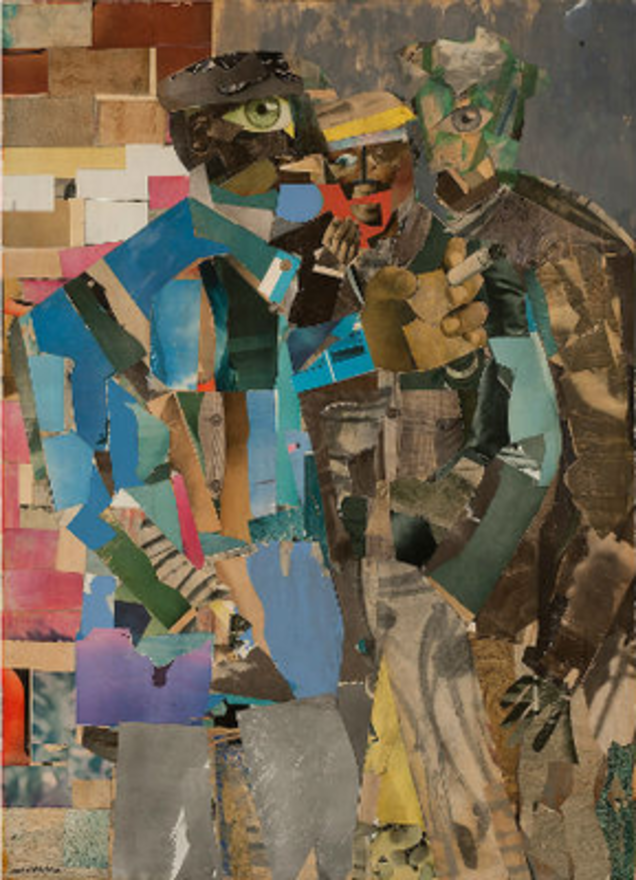 Three Men, 1966-67. Mixed-media collage of various papers on canvas, 57 1/2 x 41 5/8 inches. Signed, Michael Rosenfeld Gallery. (Courtesy of Art Basel)
