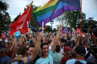Same-sex-marriage supporters rejoice June 26, 2015, outside the Supreme Court in Washington, D.C., after the high court ruled that same-sex couples have the right to marry in all 50 states.Alex Wong/Getty Images