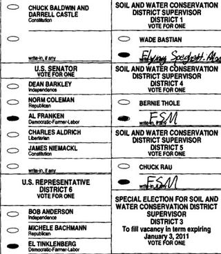 Illustration for article titled A Vote for the Flying Spaghetti Monster is a Vote for Al Franken, Say Minnesota Authorities