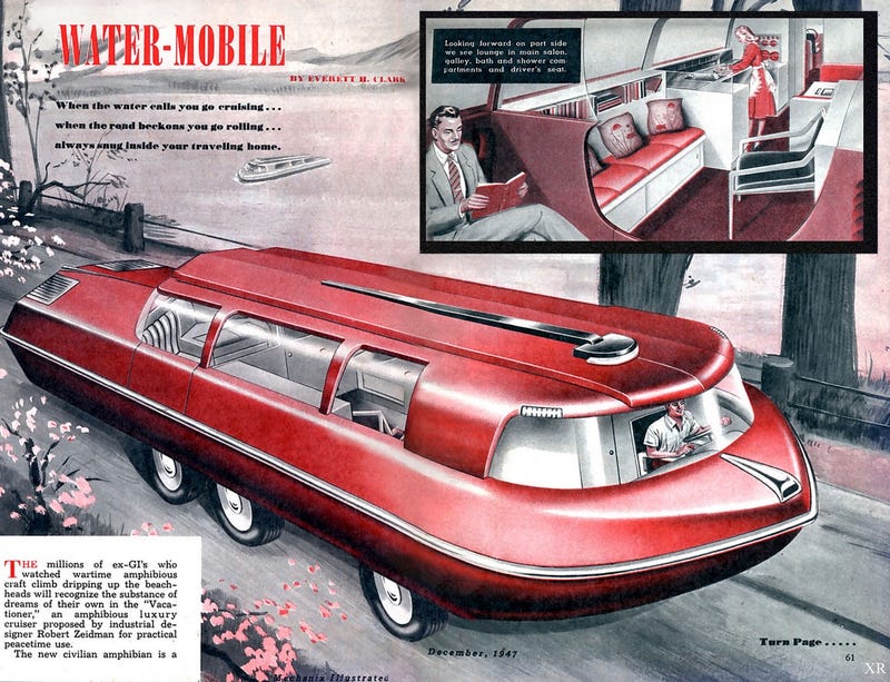 Illustration for article titled This Enormous Car-Boat Probably Needed Oceans of Oil to Run