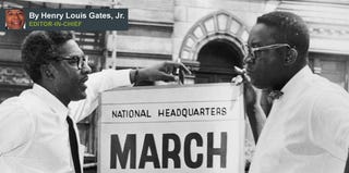 Bayard Rustin (left) speaking to administrative chairman Cleveland Robinson (right) (Wikimedia Commons)