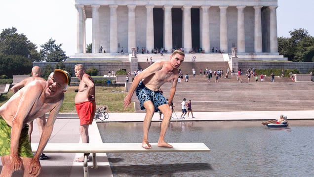 Mark Warner Holding Up Long Line Of Senators Waiting For Diving Board At D.C. Reflecting Pool