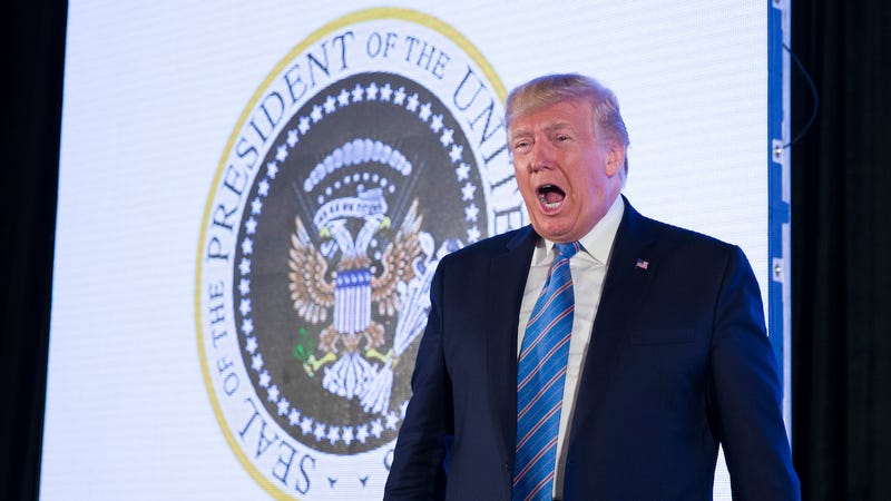 President Donald Trump stands in front of a photoshopped presidential seal on July 23, 2019 in Washington, D.C.