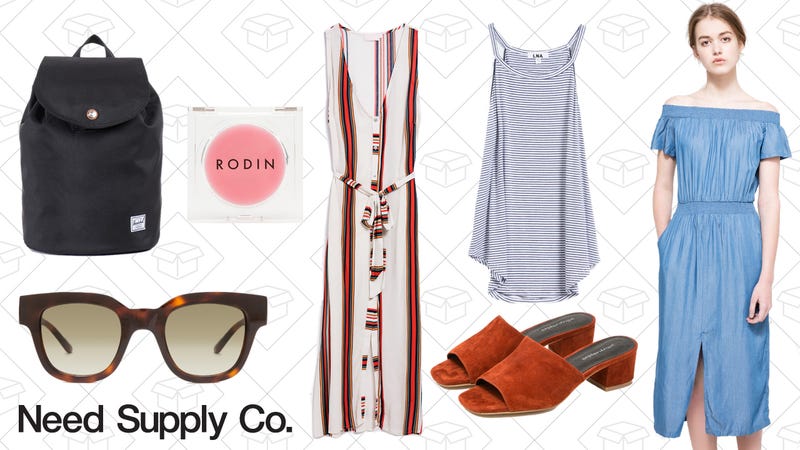Reid Herschel Supply Co. Bag, $41 | Rodin Cosmetics Lip Balm, $26 | Sun Buddies Type 05 Sunglasses, $131 | Farrow Luna Button Up Dress, $59 | LNA Strip Bib Tank, $45 | Jeffrey Campbell Farrow Shoe, $94 | Farrow Highland Dress, $89