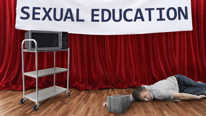 Illustration for article titled Complete Disaster: This Middle School Had A Sex Ed Assembly About The Importance Of Microwaving Condoms Before And After Intercourse And The Guest Speaker Tried To Break A Cinder Block With His Head And Gave Himself A Concussion