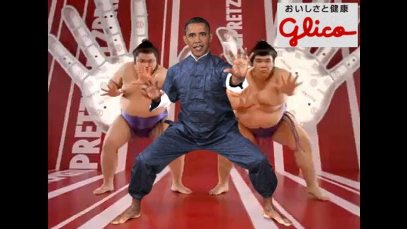 A scene from the president's advertisement for Glico Pretz Ham & Cheese.