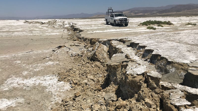 A USGS Earthquake Science Center Mobile Laser Scanning truck analyzes a surface rupture caused by the M7.1 Ridgecrest earthquake in July.