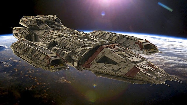 The ships of Battlestar Galactica, immortalized in thousands of LEGO bricks