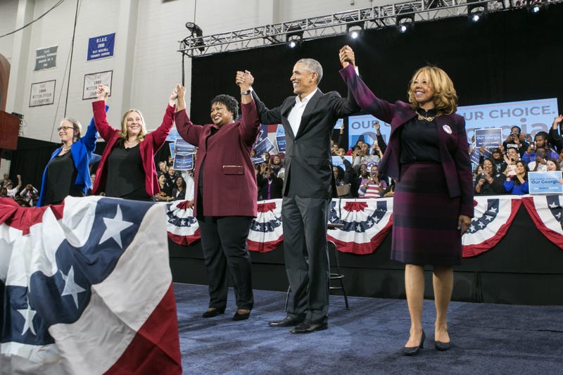 Former President Barack Obama stands with Georgia Democratic candidates (left to right) Carolyn Bourdeaux for CD-07, Sarah Riggs Amico for Lieutenant Governor, Stacey Abrams for Governor and Lucy McBath for CD-06 during a campaign rally at Morehouse College on November 2, 2018 in Atlanta, Georgia. Obama spoke in Atlanta to endorse Abrams and encourage Georgians to vote.