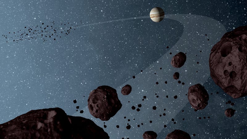 Artist’s impression of the Jovian Trojans (not to scale). (Image: NASA/JPL-Caltech)